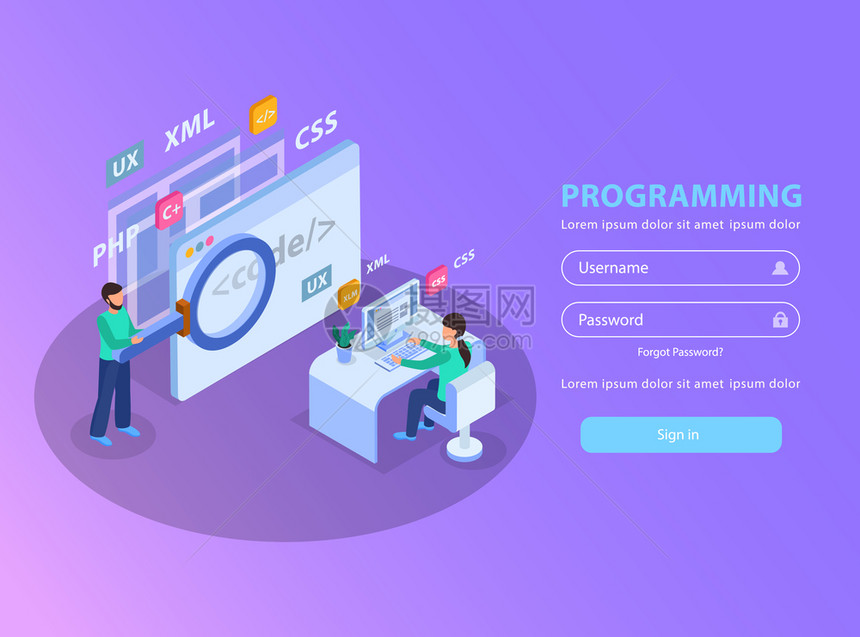 網(wǎng)頁(yè)開發(fā)等距背景標(biāo)志頁(yè)與圖像字段的登錄密碼矢量插圖